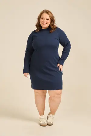 VESTIDO CURTO RIBANA CANELADA COM MANGA LONGA E GOLA REDONDA  MARINHO G2