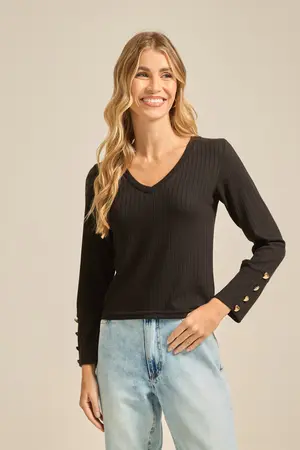 BLUSA FLANEL MANGA COMPRIDA COM BOTÕES NO PUNHO PRETO M