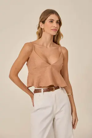 CROPPED EM WOVEN TWILL COM RECORTE , BABADO E ALÇA DE VIÉS  GENGIBRE M