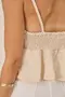 CROPPED EM WOVEN TWILL COM RECORTE , BABADO E ALÇA DE VIÉS