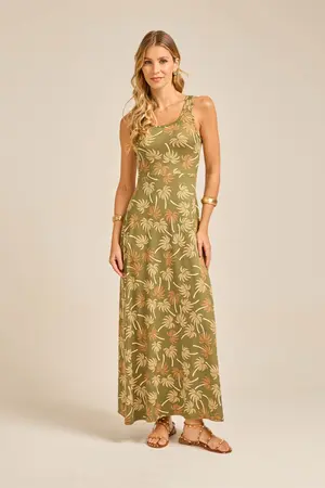 VESTIDO LONGO EM RIBANA CANELADA ESTAMPADA COM SAIA GODÊ BRISA VERDE G