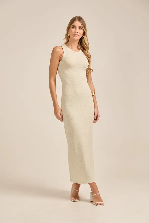 VESTIDO LONGO REGATA BÁSICO EM CANELADO AREIA FINO