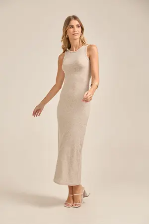 VESTIDO LONGO REGATA BÁSICO EM CANELADO AREIA FINO BEGE AREIA M