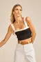 BLUSA CROPPED BÁSICA BICOLOR EM CANELADO ONDAS RECORTE E ALÇA LARGA