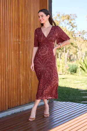 VESTIDO LONGO CROPPED COM RECORTE LATERAL NOITE ESTRELADA CASTANHO P
