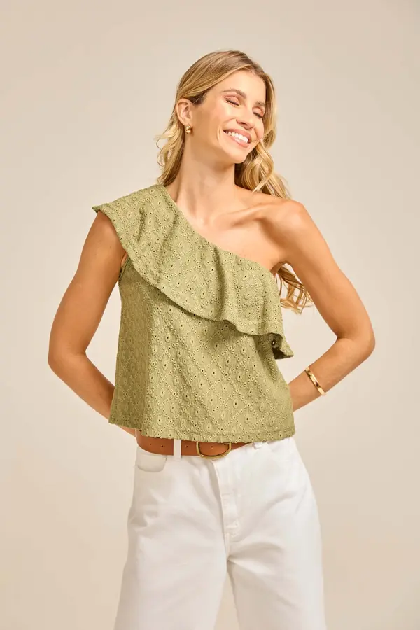 BLUSA UM OMBRO SÓ MALHA LAISE CREPADA COM BABADO