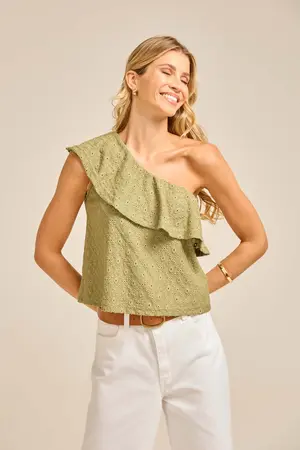 BLUSA UM OMBRO SÓ MALHA LAISE CREPADA COM BABADO  VERDE ALECRIM P