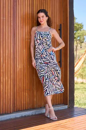 VESTIDO MIDI ASSIMÉTRICO VISCOSE ESTAMPADA COM ALÇA DE VIÉS REFLEXOS M