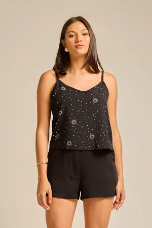 CAMISETA BÁSICA VISCOSE ESTAMPADA COM ALÇA DE VIÉS CÉU ESTRELADO ESCURO P