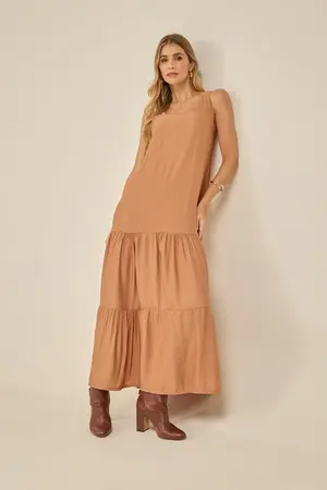 VESTIDO LONGO SAIA MARIAS BEGE TOFFEE G