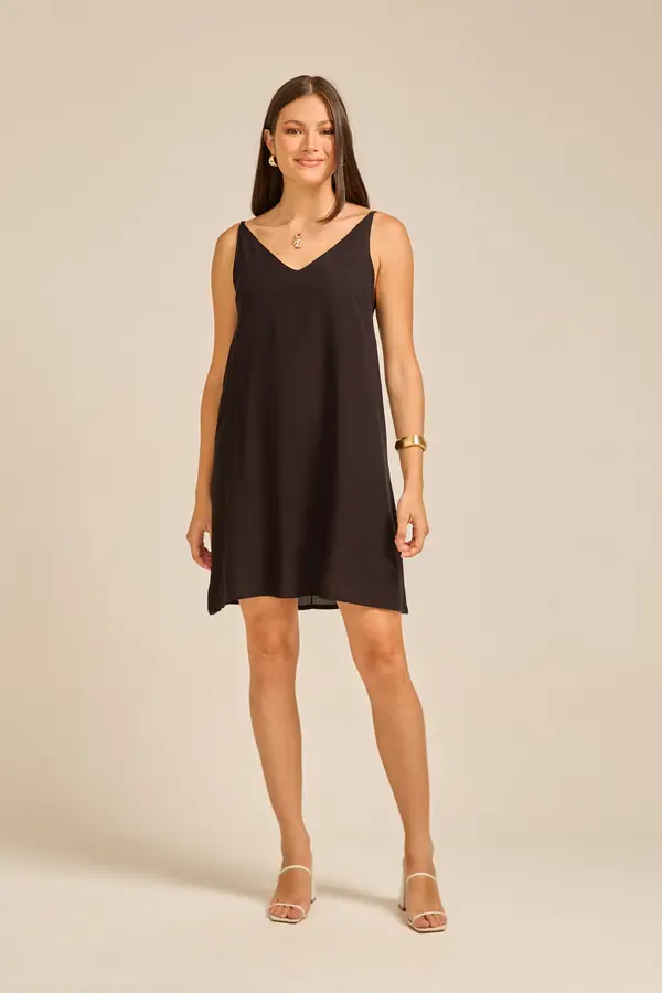 VESTIDO CURTO VISCOSE LISA DECOTE V E ALÇA DE VIÉS