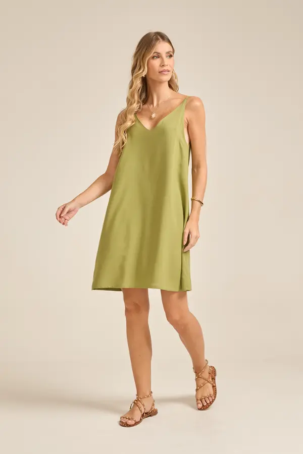 VESTIDO CURTO VISCOSE LISA DECOTE V E ALÇA DE VIÉS