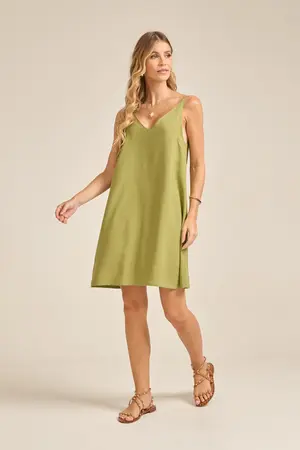 VESTIDO CURTO VISCOSE LISA DECOTE V E ALÇA DE VIÉS VERDE EUCALIPTO P