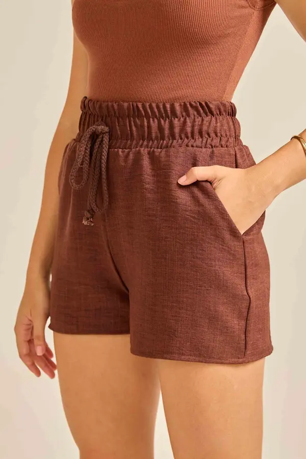 SHORT EM WOVEN LERIS TWILL COM CÓS LARGO E CADARÇO CRÚ