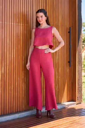 CALÇA PANTALONA EM WOVEN LERIS TWILL ROSA CARMESIM P