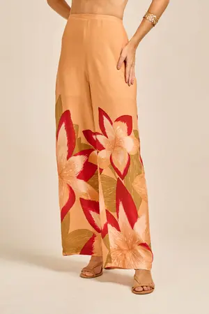 CALÇA PANTALONA VISCOSE ESTAMPADA BARRADA COM CÓS FINO FLOR DE RUBI M