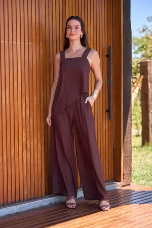 CALÇA PANTALONA ESSENCIAL COM BOLSO MARROM CAFÉ M