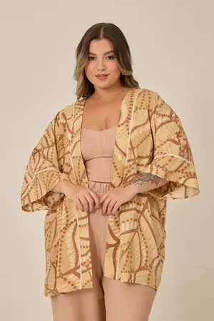 KIMONO BÁSICO VISCOSE ESTAMPADA COM VIVO FOLHAS DO AMANHECER U