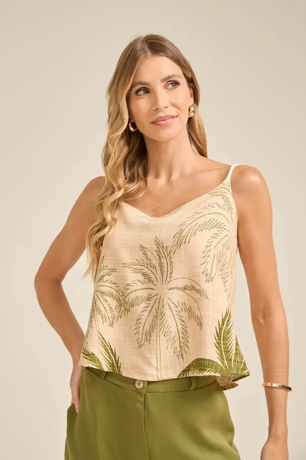 CAMISETA VISCOSE ESTAMPADA BARRADA COM ALÇA DE CORDA E AMARRAÇÃO NAS COSTAS