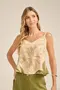 CAMISETA VISCOSE ESTAMPADA BARRADA COM ALÇA DE CORDA E AMARRAÇÃO NAS COSTAS