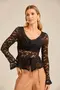 BLUSA EM RENDA FLOCADA COM BABADO E CORDINHA DE VIÉS