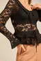 BLUSA EM RENDA FLOCADA COM BABADO E CORDINHA DE VIÉS