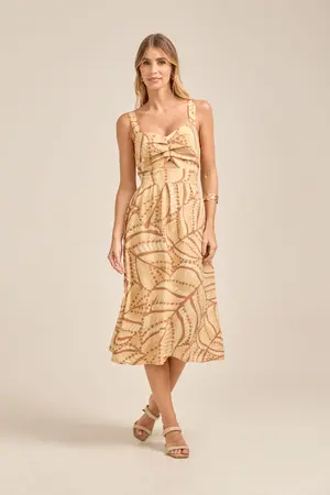VESTIDO MIDI COM PREGAS FOLHAS DO AMANHECER M