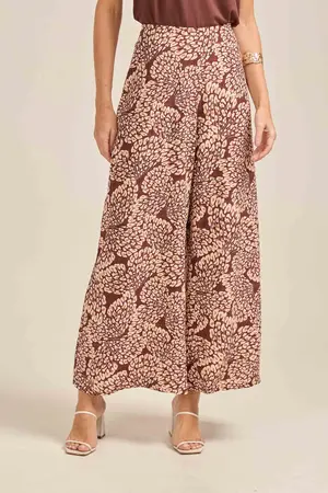CALÇA EM VISCOSE ESTAMPADA PANTALONA FLORENÇA ESCURA P