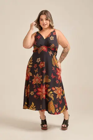 VESTIDO MIDI DECOTE V CAMPO DE BORBOLETAS G1