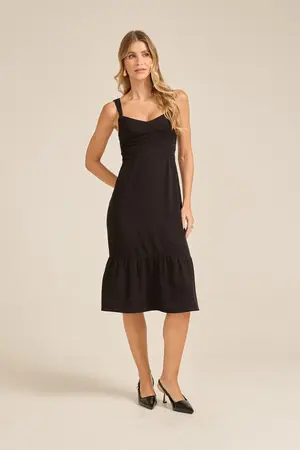 VESTIDO MIDI COM BABADO PRETO P