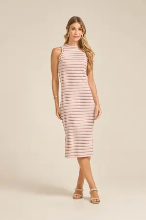 VESTIDO MIDI RIBANA CANELADA LISTRADA COM FENDA LISTRAS MARSALA G