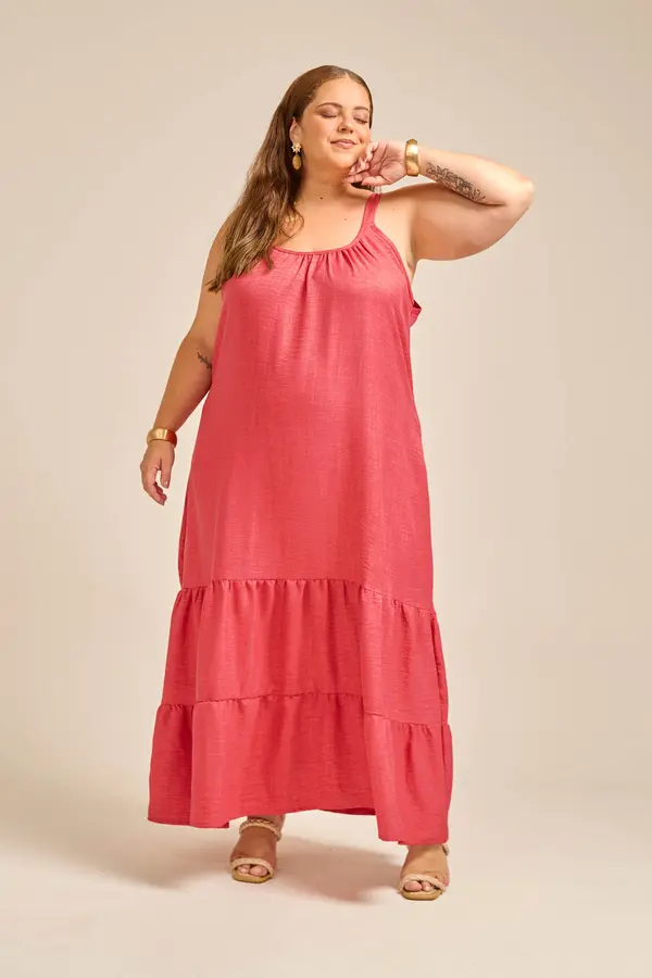 VESTIDO LONGO EM WOVEN LERIS TWILL COM BABADOS