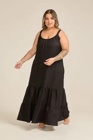 VESTIDO LONGO EM WOVEN LERIS TWILL COM BABADOS