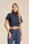 BLUSA VISCOSE LISA COM GOLA ALTA DE LASTEX E MANGA CURTA BUFANTE