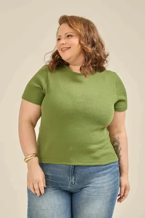 BLUSA BÁSICA EM CANELADO ONDAS VERDE G2