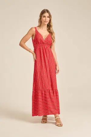 VESTIDO LONGO VISCOSE ESTAMPADA COM ALÇA LARGA E BABADO BRILHO FUNDO VERMELHO M