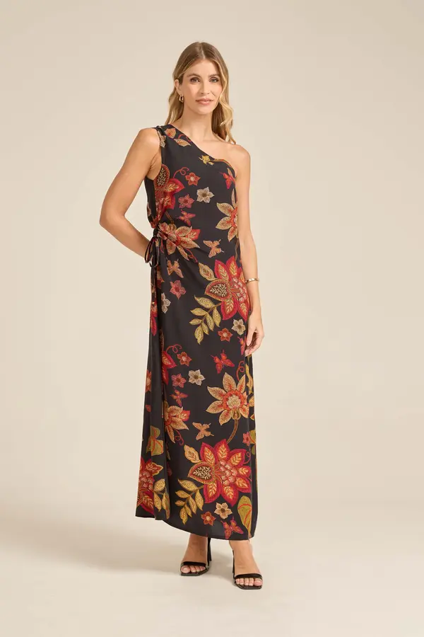 VESTIDO ASSIMÉTRICO VISCOSE ESTAMPADA COM RECORTE E AMARRAÇÃO NA LATERAL