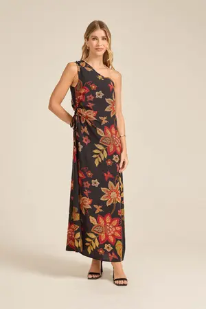 VESTIDO ASSIMÉTRICO VISCOSE ESTAMPADA COM RECORTE E AMARRAÇÃO NA LATERAL CAMPO DAS BORBOLETAS G