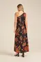 VESTIDO ASSIMÉTRICO VISCOSE ESTAMPADA COM RECORTE E AMARRAÇÃO NA LATERAL