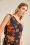 VESTIDO ASSIMÉTRICO VISCOSE ESTAMPADA COM RECORTE E AMARRAÇÃO NA LATERAL