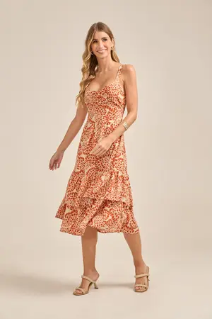 VESTIDO MIDI COM BABADO DUPLO FLORENÇA TERRACOTA P