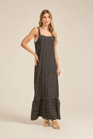 VESTIDO LONGO VISCOSE ESTAMPADA COM BABADO BRILHO FUNDO PRETO M