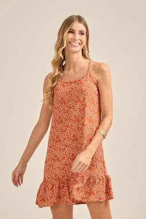 VESTIDO CURTO VISCOSE ESTAMPADA COM ALÇA DE VIÉS E BABADO TOQUE DE ONÇA TERRACOTA M