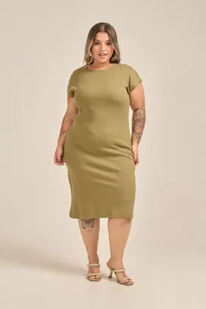 VESTIDO MIDI EM RIBANA CANELADA COM DECOTE REDONDO VERDE G2