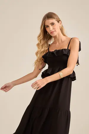 VESTIDO LONGO COM SAIAS MARIA E BABADINHO NO DECOTE PRETO P