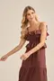 VESTIDO LONGO COM SAIAS MARIA E BABADINHO NO DECOTE