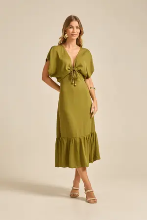 VESTIDO MIDI MANGA MORCEGO VERDE OLIVA  G