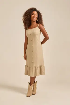 VESTIDO MIDI COM BOTÕES EM LINHO ARIZONA CAQUI G