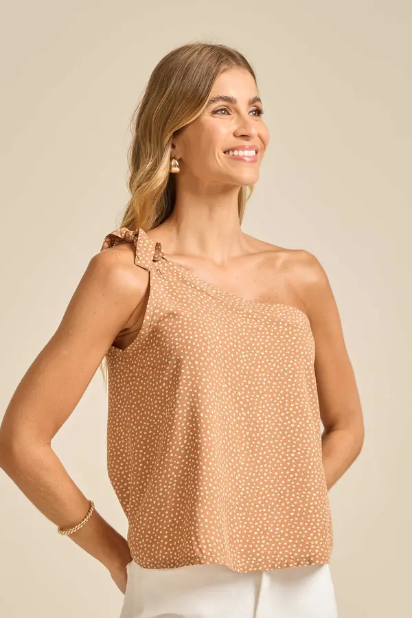 BLUSA UMBRO SÓ EM VISCOSE ESTAMPADA COM AMARRAÇÃO NO OMBRO