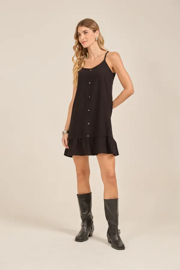 VESTIDO CURTO EM VISCOSE LISA COM BABADO E BOTÕES